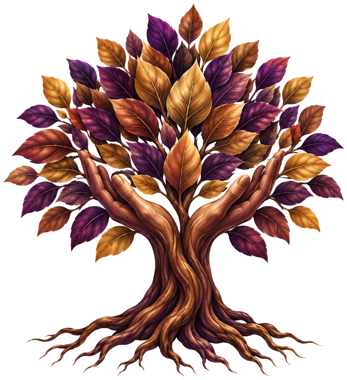 An illustrated tree of two open hands as its trunk and roots, its canopy carrying the words Roti, Kapra, Makaan — bread, cloth, and shelter — alongside dignity, hope, and service